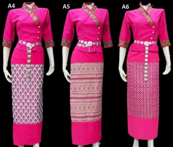 Set Of Thai Hilltribe Traditional Shirt & Skirt Woman Hand-Woven Cotton, Brocade Fabric Sarong Working Dress