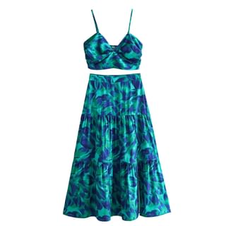 Set: Patterned Cropped Camisole Top + High Waist Midi A-Line Skirt