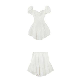 Set: Puff-Sleeve Sweetheart Peplum Top + Ruffled Mini Skirt Set of 2 - Dress & Skirt - White - XL