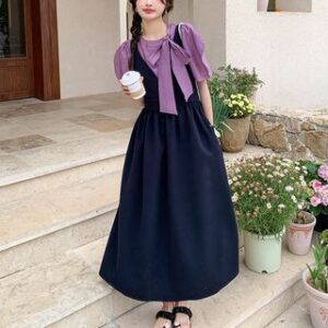 Set: Short-Sleeve Bow Neck Plain Tee + Midi Pinafore Dress