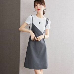 Set: Short-Sleeve Crew Neck Heart Print Tee + Plain Asymmetrical Pinafore Dress