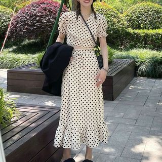 Set: Short-Sleeve Dotted Tie-Strap Blouse + Midi Fishtail Skirt