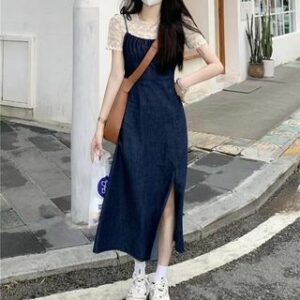 Set: Short-Sleeve Round Neck Plain Lace T-Shirt + Side-Slit Denim Midi Overall Dress