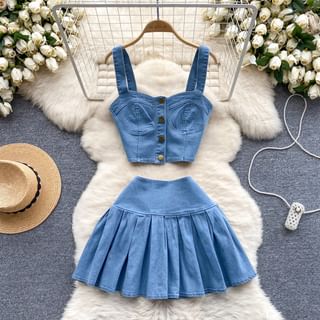 Set: Washed Button-Up Denim Crop Camisole Top + High Waist Pleated Mini A-Line Skirt