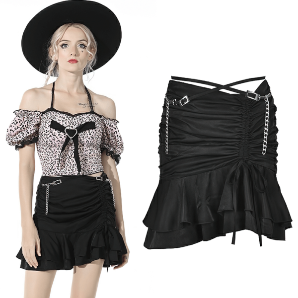 Sexy Grunge Women's Asymmetrical Skirt with Chains and Ruffles