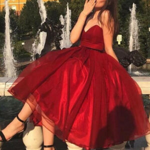 Sexy Strapless Red Tea Length Prom Dress | Chic Sweetheart Sleeveless Prom Gown