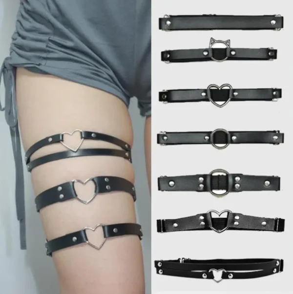 Sexy Women Elastic Pu Leather Leg Ring Garter Lingerie Belt Punk Heart Rivet Thigh Ring Goth Harajuku Harness Stockings Garter