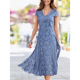 Sheath Blue Mother of the Bride Dress Wedding Guest Elegant Party Petite V Neck Tea Length Lace Short Sleeve with Pleats Solid Color 2024