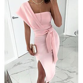 Sheath / Column Cocktail Dresses Elegant Dress Wedding Guest Prom Tea Length Sleeveless One Shoulder Stretch Fabric with Slit Pure Color Strappy 2024