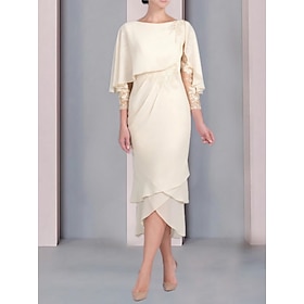 Sheath / Column Mother of the Bride Dress Wedding Guest Elegant Petite Scoop Neck Tea Length Chiffon 3/4 Length Sleeve with Lace Tier Appliques 2024