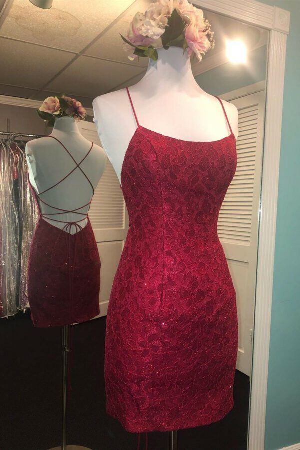 Sheath Spaghetti Straps Sleeveless Sexy Short Homecoming Dresses | Lace Mini Tight Cocktail Dress