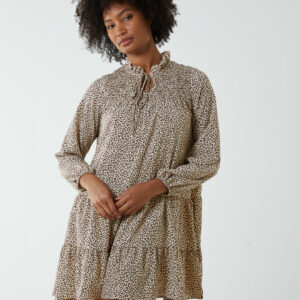 Shirred Cheetah Smock Dress - 8 / STONE