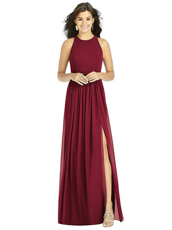 Shirred Skirt Jewel Neck Halter Dress with Front Slit in Burgundy