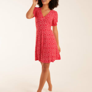 Shirring Cuff Sleeve Tea Dress - 10 / RED