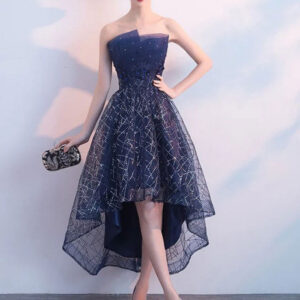 Short Prom Dresses Strapless Sequin Dark Navy High Low Cocktail Party Dress