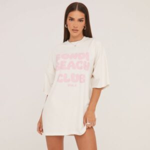 Short Sleeve Bondi Beach Graphic Slogan T-Shirt Dress In White, Women's Size UK 6