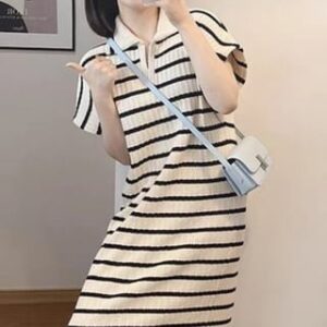 Short-Sleeve Collar Striped Maxi Smock Dress