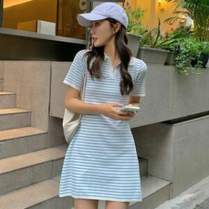 Short-Sleeve Collar Striped Mini T-Shirt Dress