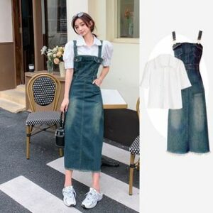 Short-Sleeve Collared Plain Shirt / Washed Denim Midi Pinafore Dress