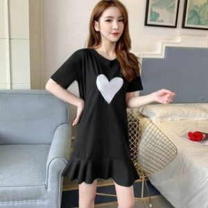 Short-Sleeve Crew Neck Heart Print T-Shirt Dress