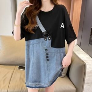 Short-Sleeve Crew Neck Lettering Denim Panel T-Shirt Dress