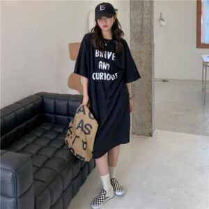 Short-Sleeve Crew Neck Lettering Midi T-Shirt Dress