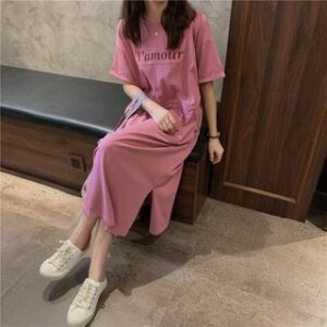 Short-Sleeve Crew Neck Lettering Print Drawstring Slit Midi A-Line T-Shirt Dress