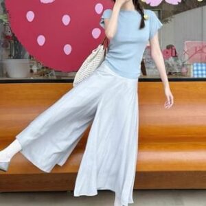 Short-Sleeve Crew Neck Plain Knit Top / High Waist Plain Culottes / Set