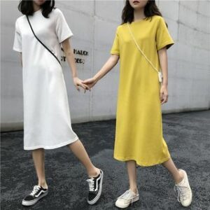 Short-Sleeve Crew Neck Plain Midi A-Line T-Shirt Dress