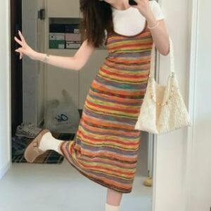 Short-Sleeve Crew Neck Plain Tee / Striped Midi Pinafore Dress