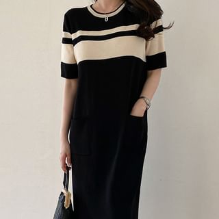 Short-Sleeve Crewneck Two Tone Knit Midi Sheath Dress