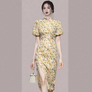 Short-Sleeve Floral Print Midi Qipao Dress