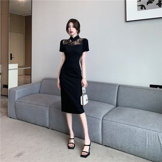 Short-Sleeve Lace Panel Midi Sheath Dress