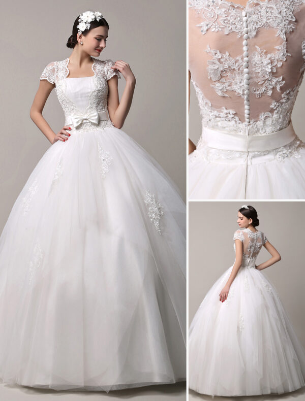 Short Sleeve Lace Princess Wedding Dress With Layered Tulle Skirt Exclusive