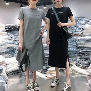 Short-Sleeve Lettering Midi T-Shirt Dress Gray - M