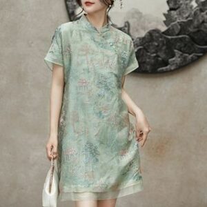 Short-Sleeve Mock Neck Embroidered Mini Smock Dress