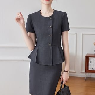 Short-Sleeve Plain Peplum Blouse / High Waist Mini Pencil Skirt / Straight Leg Dress Pants / Set