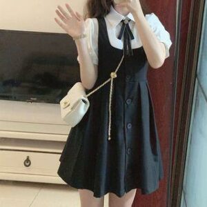 Short-Sleeve Plain Shirt / Square Neck Button Mini A-Line Pinafore Dress Dress - Black - S