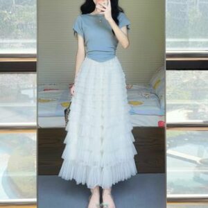 Short-Sleeve Round Neck Plain Slim Fit T-Shirt / Balletcore High Waist Mesh Midi A-Line Tulle Skirt / Set