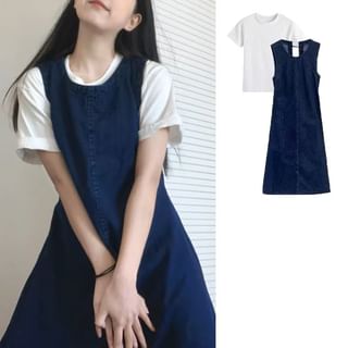 Short-Sleeve Round Neck Plain T-Shirt / Denim Midi A-Line Pinafore Dress / Set