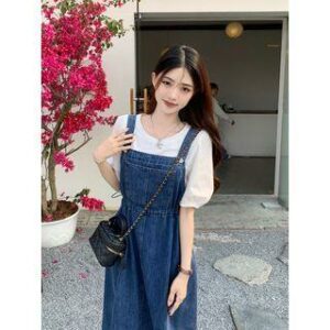 Short-Sleeve Round Neck Plain Tee / Washed Drawstring Midi A-Line Denim Overall Dress T-Shirt - White - S