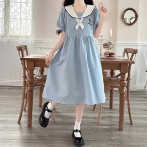 Short-Sleeve Sailor Collar Bear Embroidered Smock Dress