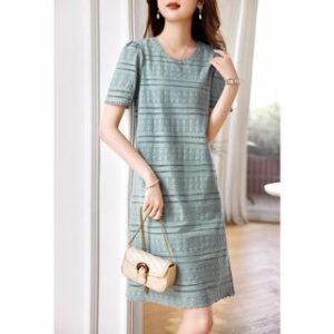 Short-Sleeve Scoop Neck Plain Lace Trim Smock Dress