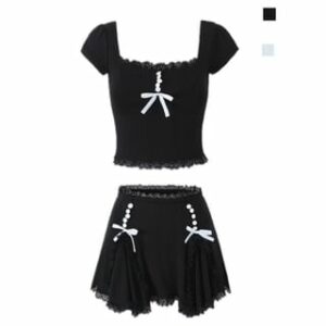 Short-Sleeve Square Neck Plain Lace Trim Bow T-Shirt / High Waist Asymmetrical Mini A-Line Skirt