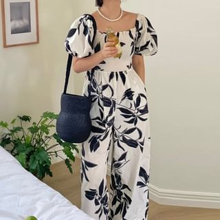 Short-Sleeve Square Neck Print Maxi A-Line Dress