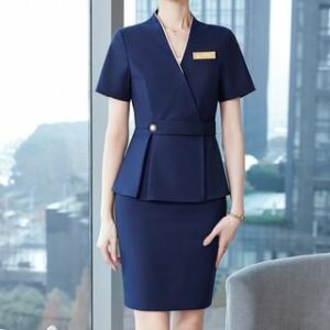 Short-Sleeve V-Neck Contrast Trim Buttoned Peplum Blazer / High Waist Plain Cropped Straight Leg Dress Pants / Mini Pencil Skirt / Set