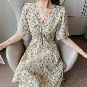 Short-Sleeve V-Neck Floral Drawstring Smock Dress