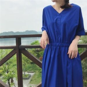 Short-Sleeve V-Neck Plain Midi Smock Dress