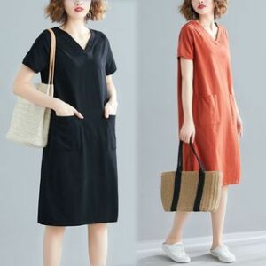 Short-Sleeve V-Neck Plain Midi T-Shirt Dress