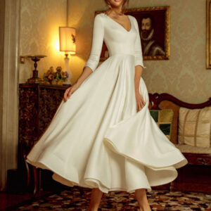 Short Wedding Dress 2024 Tea-Length V-Neck Half Sleeves A-Line Satin Fabric Short Bridal Dress Free Customization